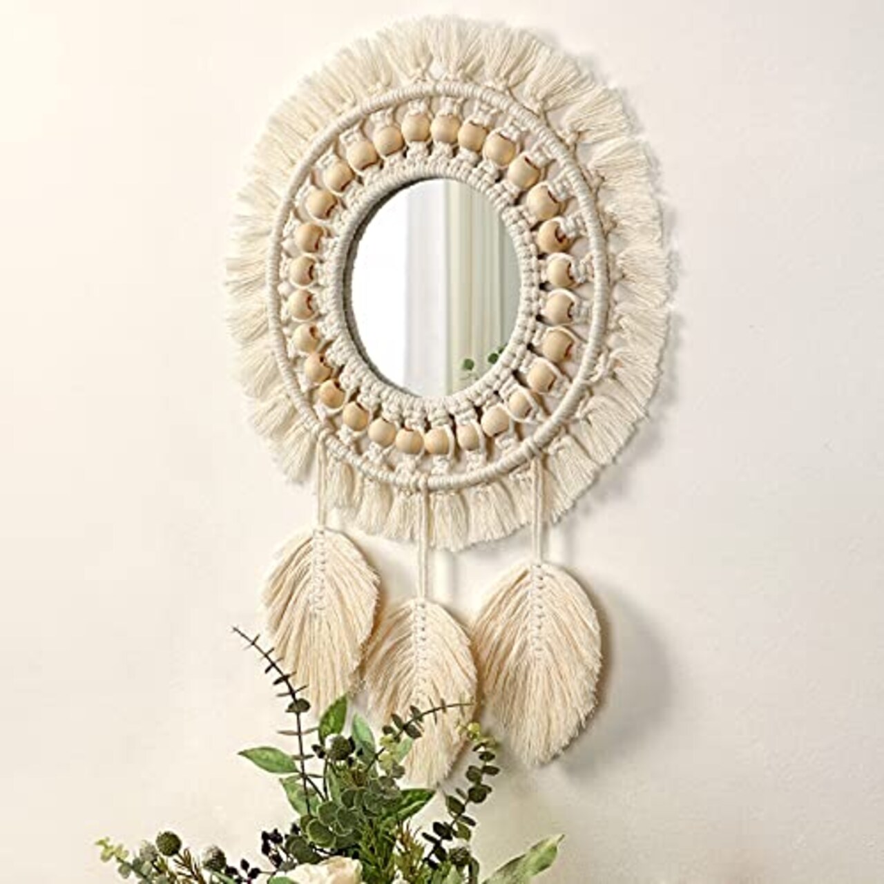 Hanging Wall Mirror-Boho Macrame Fringe Round Decorative Mirror with Wood Beads Feather Pendant,Art Ornament for Apartment Home Bedroom Living Room